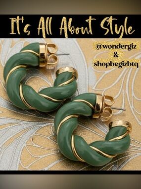 NWOT Authentic Tory Burch Green and Gold Textured Rope Hoop Earrings